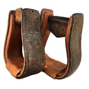 Vintage Tooled Leather Western Stirrup Set of 2, Country Cowboy Farmhouse Decor
